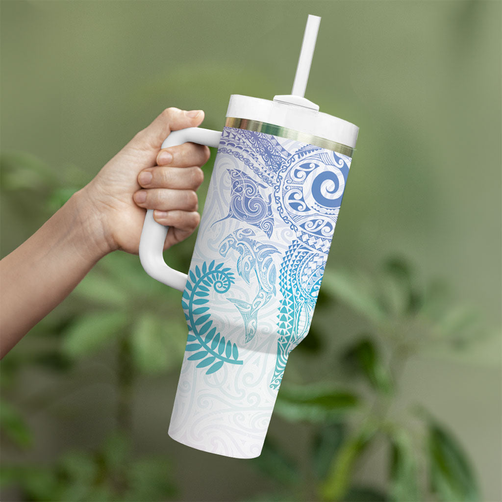 Aotearoa Maori Sea Animals Tribal Tumbler With Handle Manta Ray and Shark Moko Pattern Sweet Pastel LT03 - Polynesian Pride