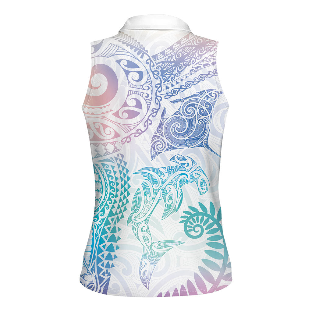Aotearoa Maori Sea Animals Tribal Women Sleeveless Polo Shirt Manta Ray and Shark Moko Pattern Sweet Pastel LT03 - Polynesian Pride