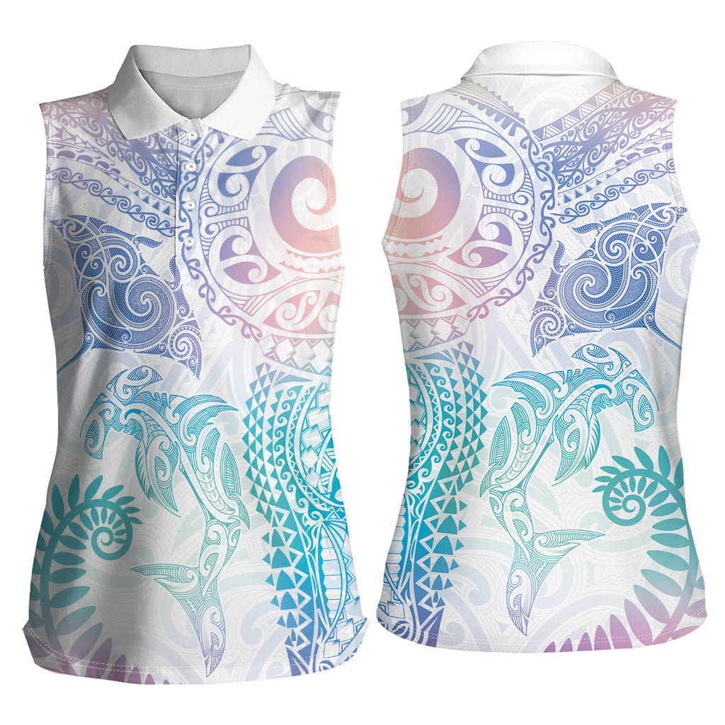 Aotearoa Maori Sea Animals Tribal Women Sleeveless Polo Shirt Manta Ray and Shark Moko Pattern Sweet Pastel LT03 - Polynesian Pride