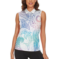 Aotearoa Maori Sea Animals Tribal Women Sleeveless Polo Shirt Manta Ray and Shark Moko Pattern Sweet Pastel LT03 - Polynesian Pride