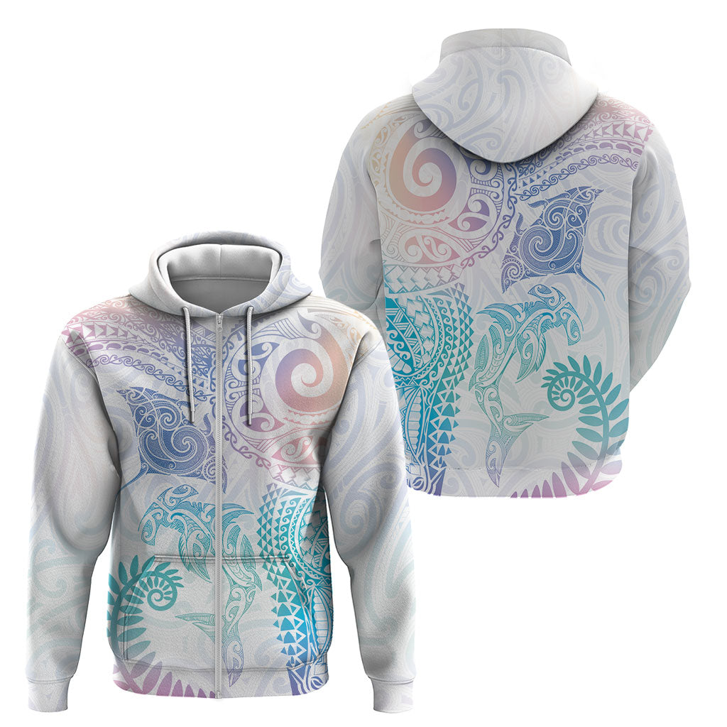 Aotearoa Maori Sea Animals Tribal Zip Hoodie Manta Ray and Shark Moko Pattern Sweet Pastel LT03 - Polynesian Pride