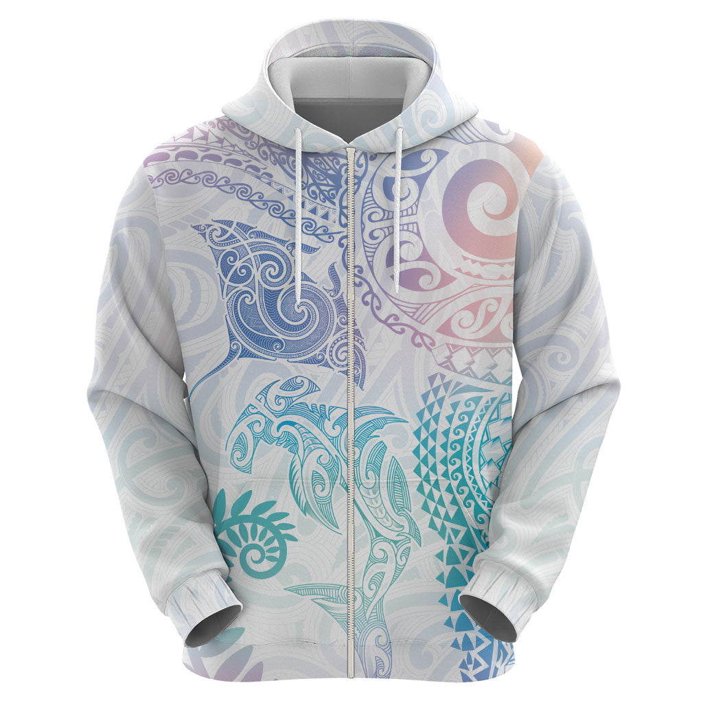 Aotearoa Maori Sea Animals Tribal Zip Hoodie Manta Ray and Shark Moko Pattern Sweet Pastel LT03 - Polynesian Pride