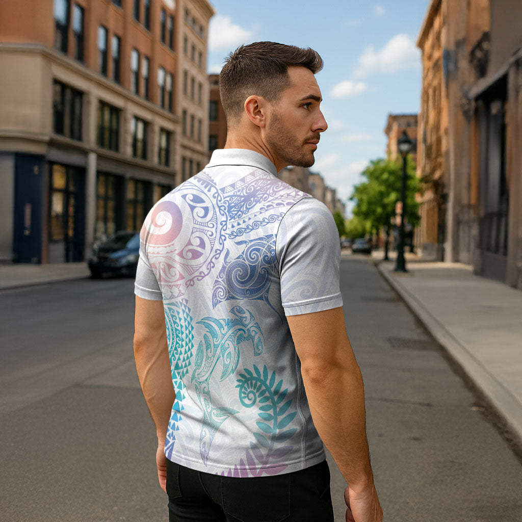 Aotearoa Maori Sea Animals Tribal Zipper Polo Shirt Manta Ray and Shark Moko Pattern Sweet Pastel LT03 - Polynesian Pride