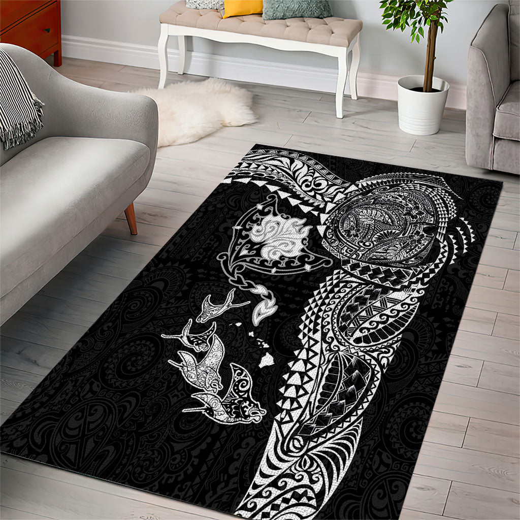 Hawaiian Manta Ray Tribal Area Rug Polynesian Art Motifs Black Color