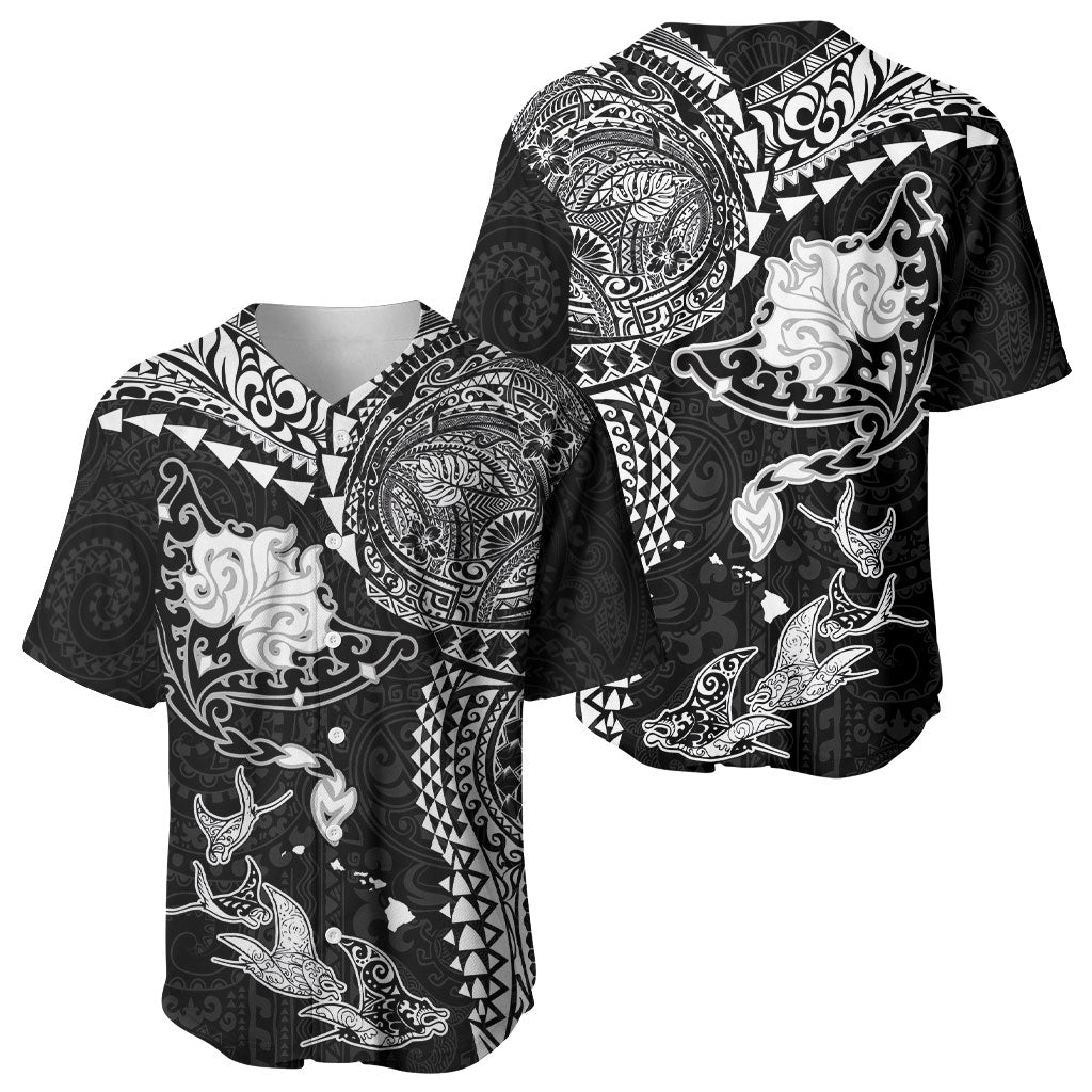 Hawaiian Manta Ray Tribal Baseball Jersey Polynesian Art Motifs Black Color