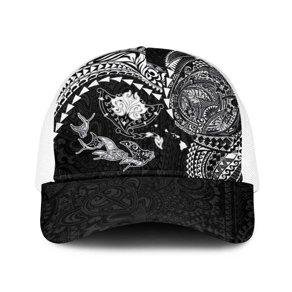 Hawaiian Manta Ray Tribal Baseball Net Cap Polynesian Art Motifs Black Color