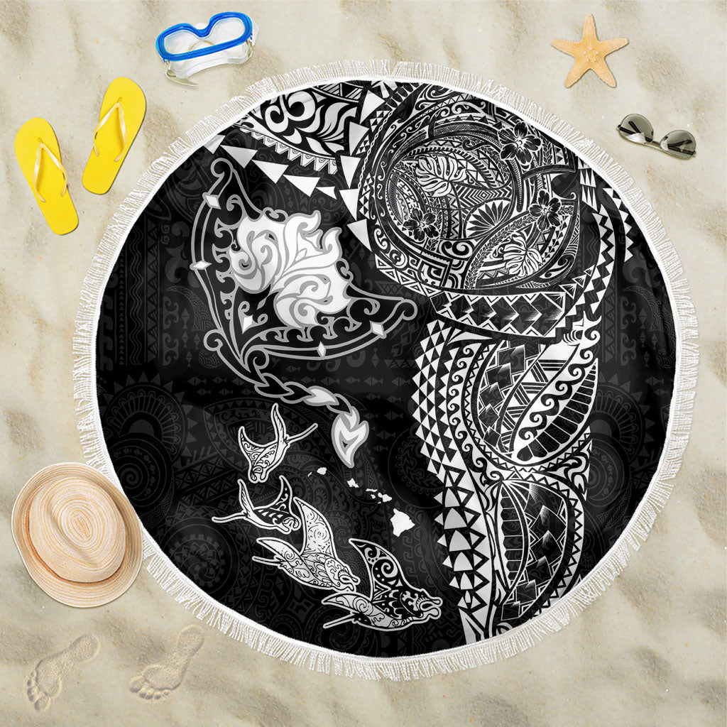 Hawaiian Manta Ray Tribal Beach Blanket Polynesian Art Motifs Black Color LT03 One Size 150cm Black - Polynesian Pride