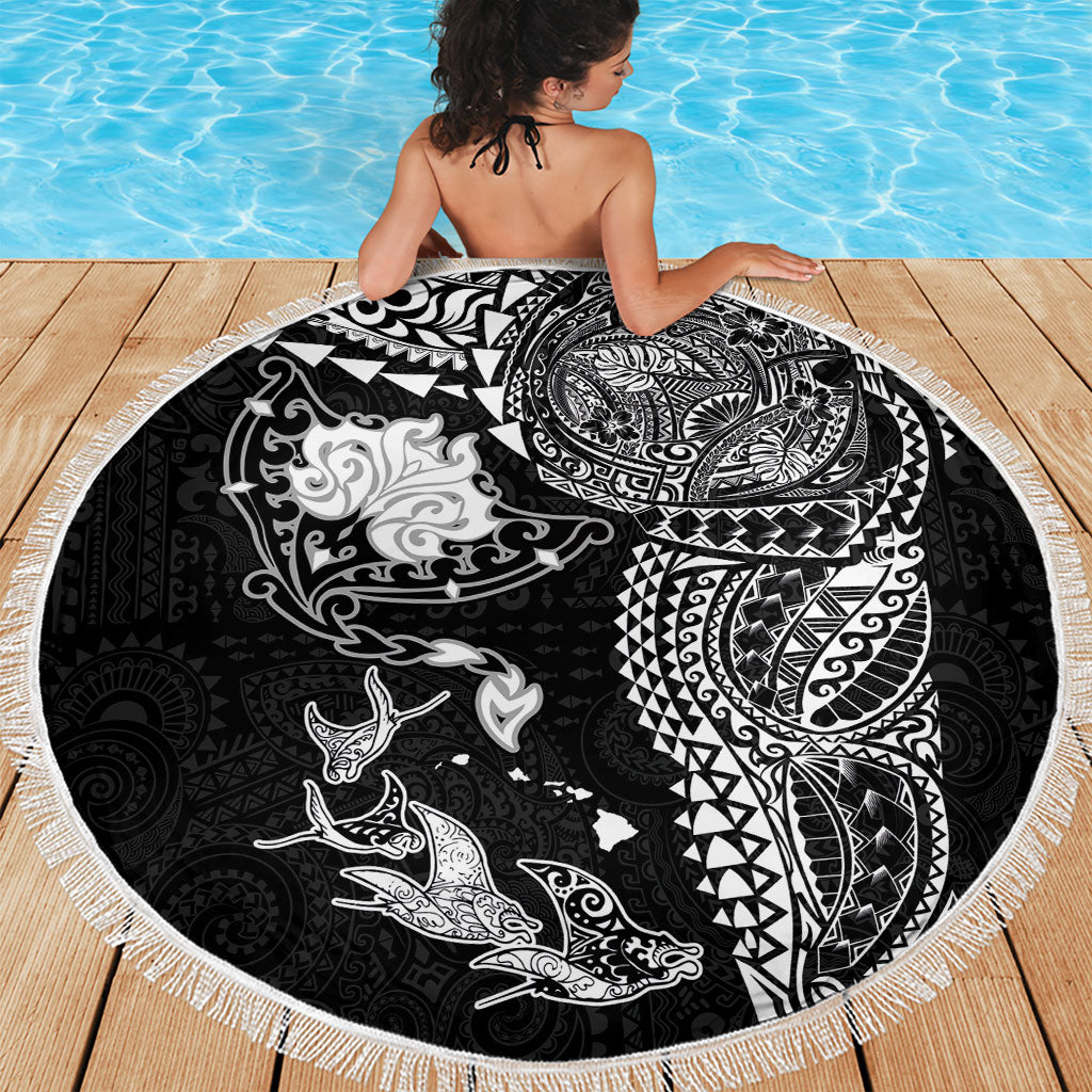 Hawaiian Manta Ray Tribal Beach Blanket Polynesian Art Motifs Black Color LT03 - Polynesian Pride