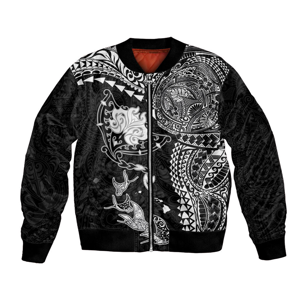 Hawaiian Manta Ray Tribal Bomber Jacket Polynesian Art Motifs Black Color