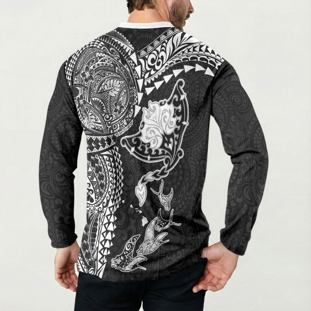 Hawaiian Manta Ray Tribal Button Sweatshirt Polynesian Art Motifs Black Color