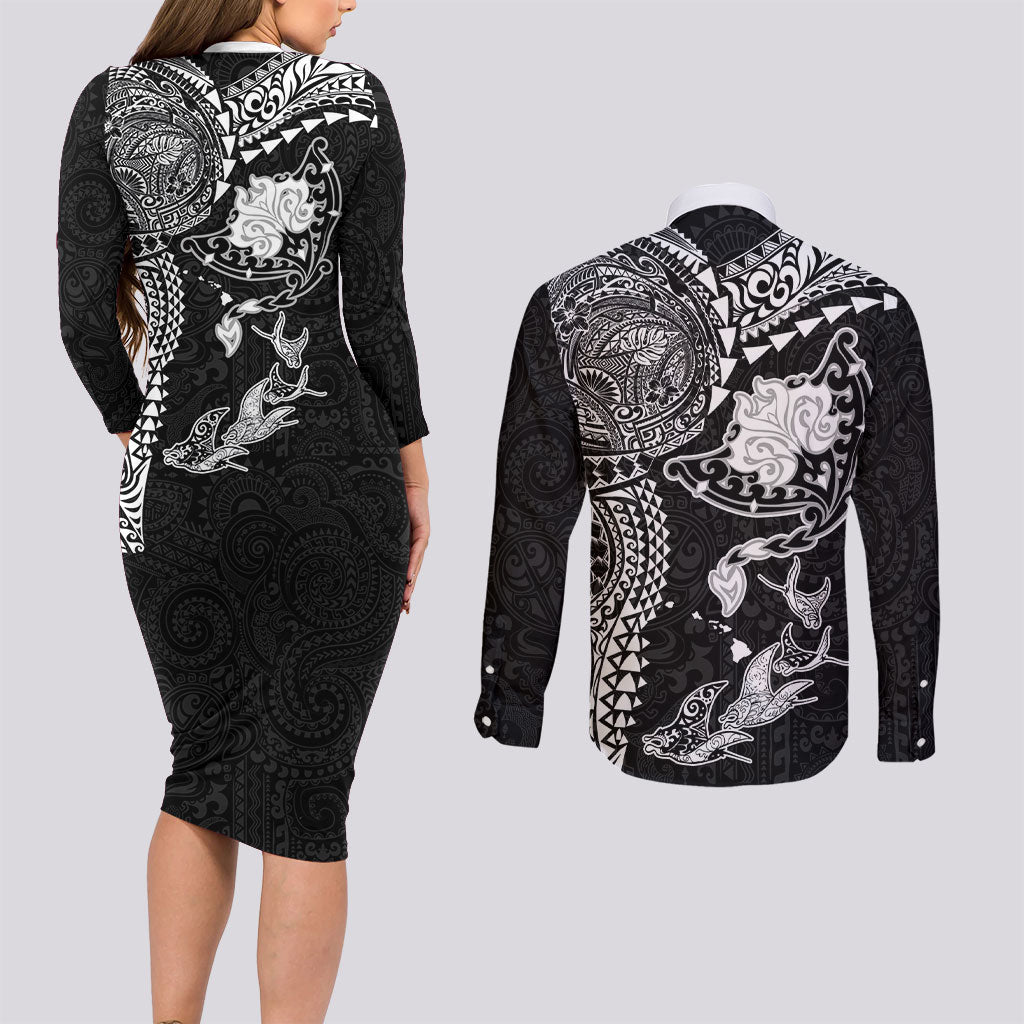 Hawaiian Manta Ray Tribal Couples Matching Long Sleeve Bodycon Dress and Long Sleeve Button Shirt Polynesian Art Motifs Black Color LT03 - Polynesian Pride