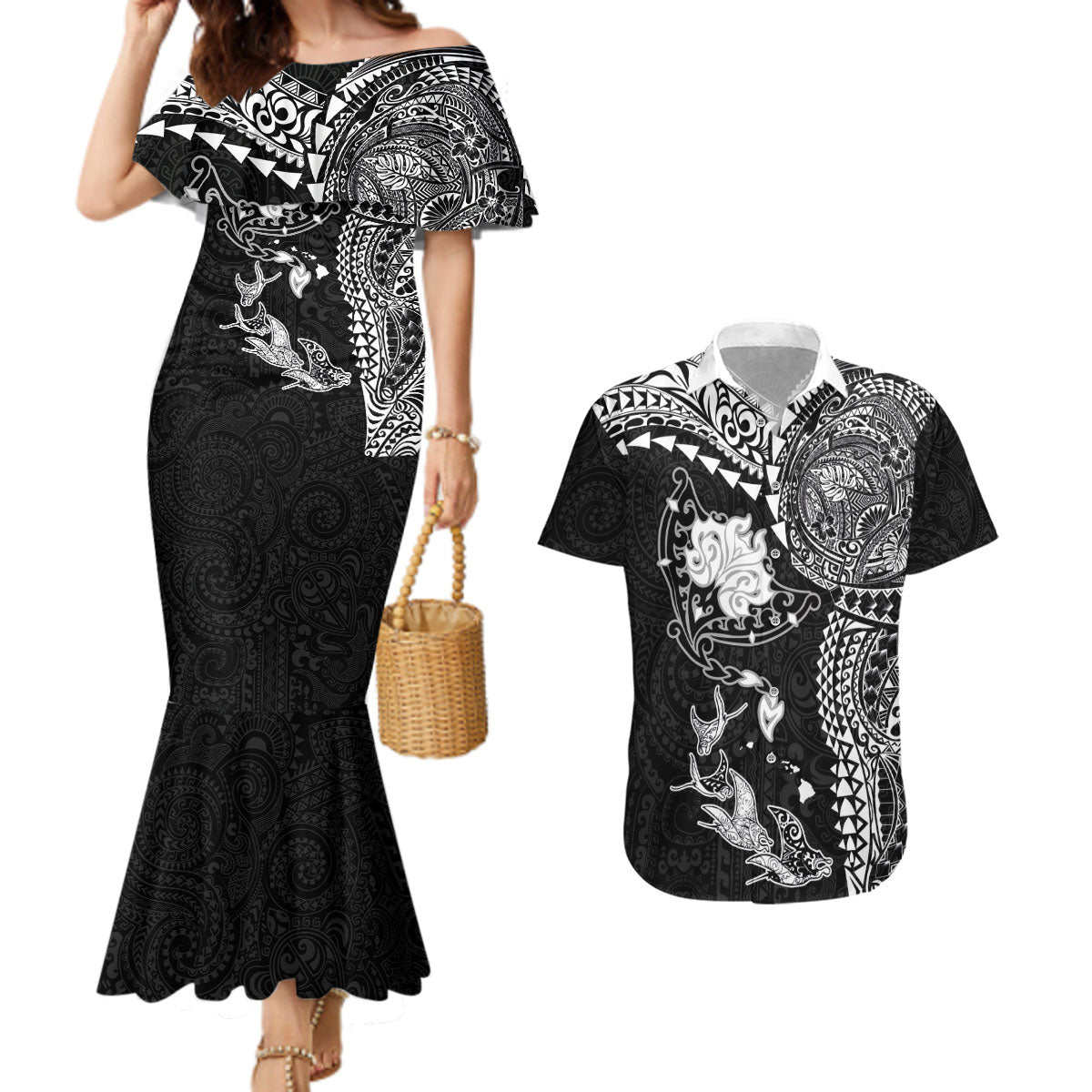 Hawaiian Manta Ray Tribal Couples Matching Mermaid Dress and Hawaiian Shirt Polynesian Art Motifs Black Color LT03 Black - Polynesian Pride