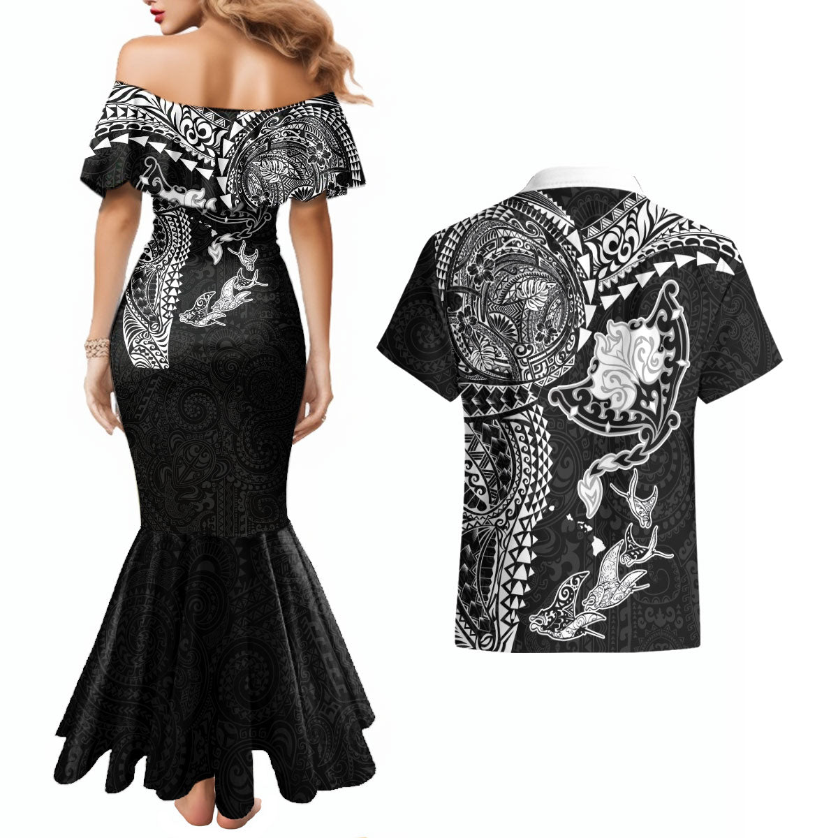 Hawaiian Manta Ray Tribal Couples Matching Mermaid Dress and Hawaiian Shirt Polynesian Art Motifs Black Color LT03 - Polynesian Pride