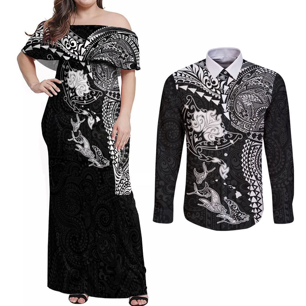 Hawaiian Manta Ray Tribal Couples Matching Off Shoulder Maxi Dress and Long Sleeve Button Shirt Polynesian Art Motifs Black Color LT03 Black - Polynesian Pride