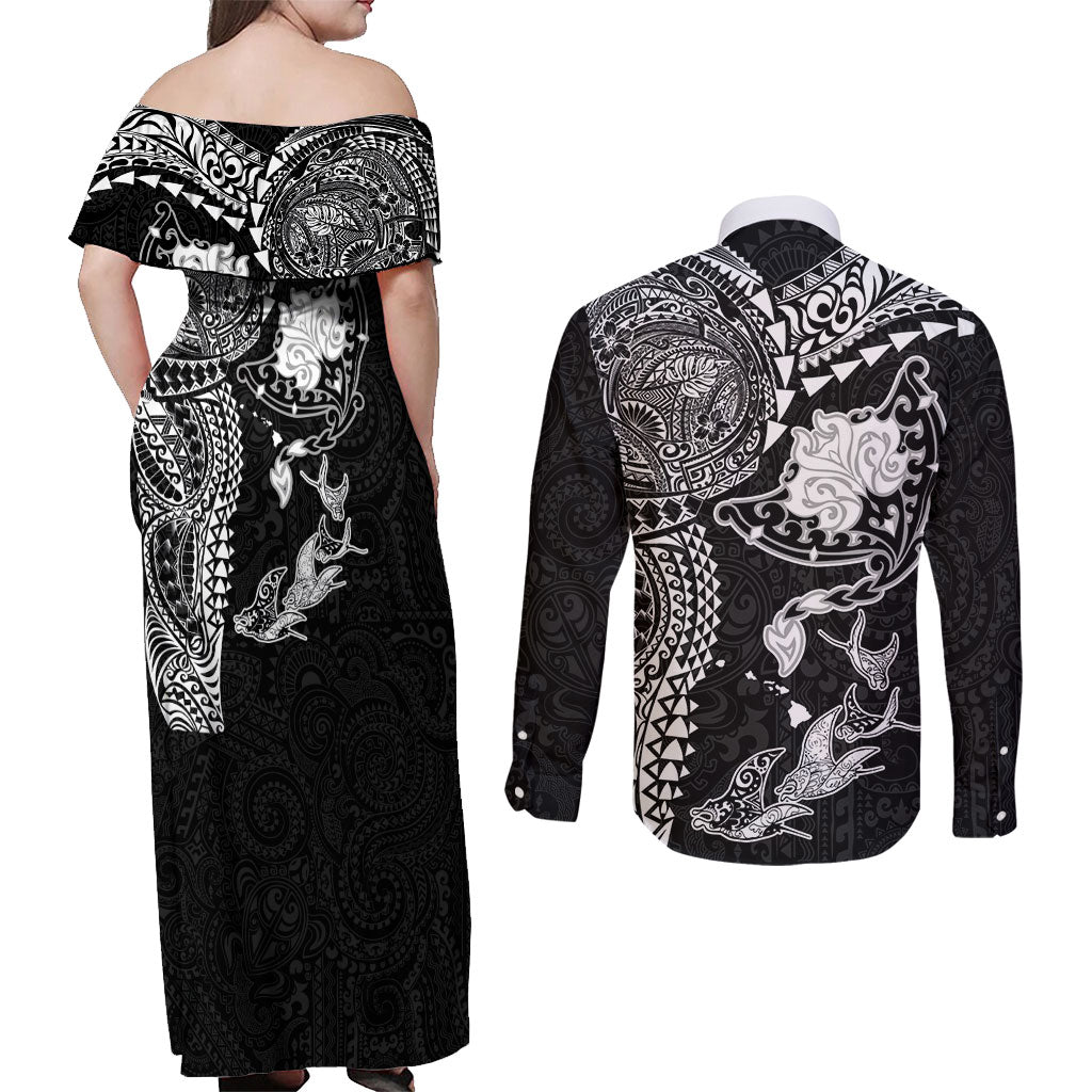 Hawaiian Manta Ray Tribal Couples Matching Off Shoulder Maxi Dress and Long Sleeve Button Shirt Polynesian Art Motifs Black Color LT03 - Polynesian Pride