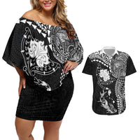 Hawaiian Manta Ray Tribal Couples Matching Off Shoulder Short Dress and Hawaiian Shirt Polynesian Art Motifs Black Color LT03 Black - Polynesian Pride