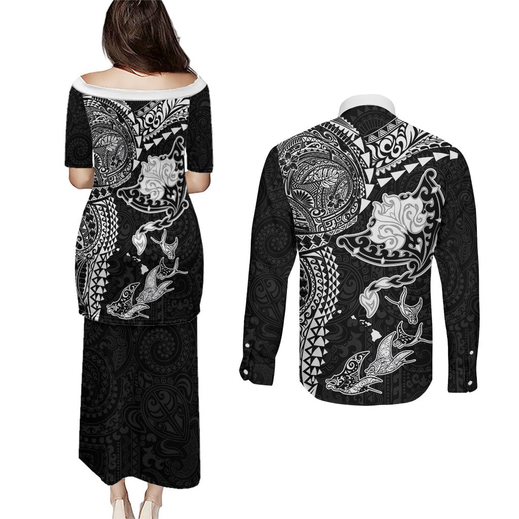 Hawaiian Manta Ray Tribal Couples Matching Puletasi and Long Sleeve Button Shirt Polynesian Art Motifs Black Color LT03 - Polynesian Pride