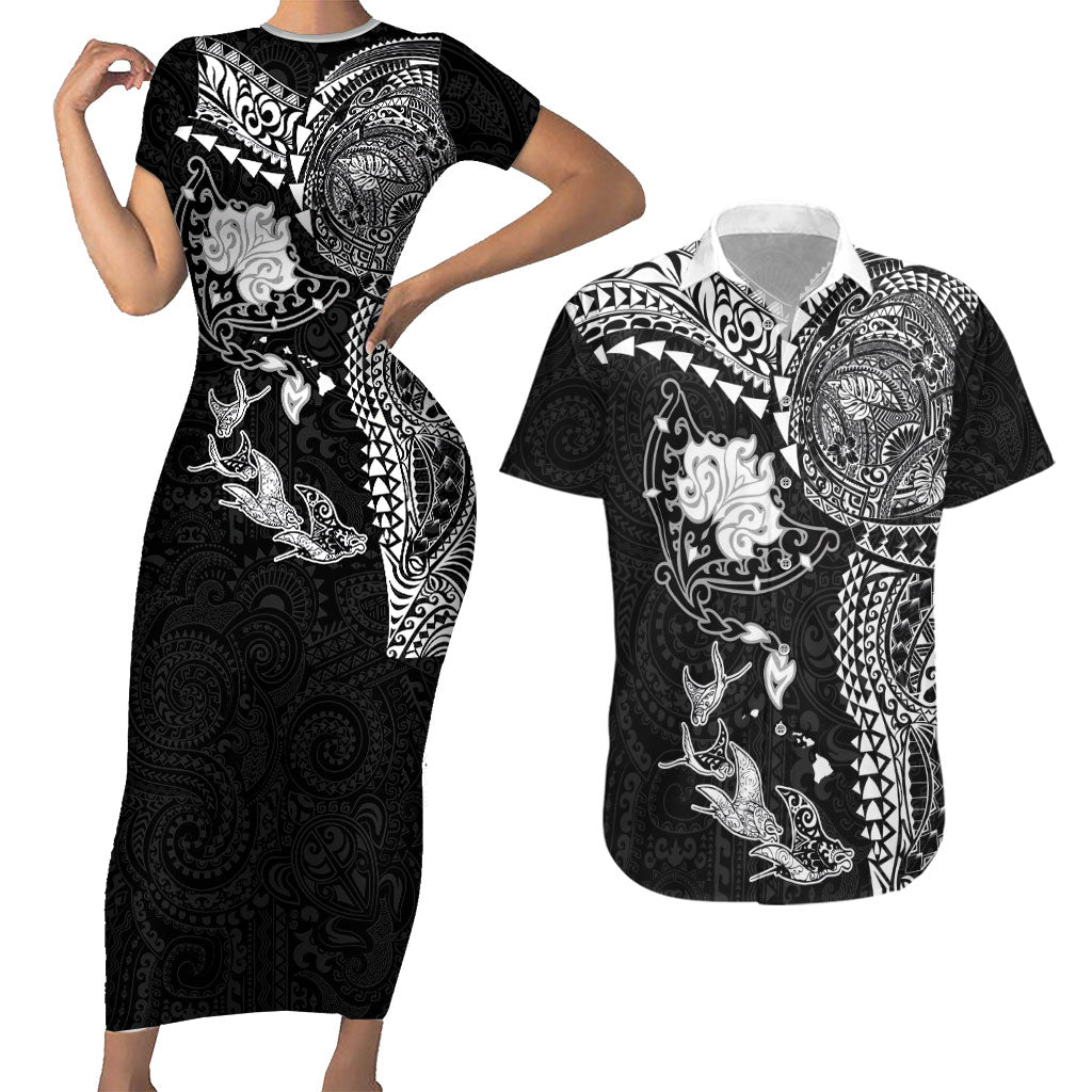 Hawaiian Manta Ray Tribal Couples Matching Short Sleeve Bodycon Dress and Hawaiian Shirt Polynesian Art Motifs Black Color
