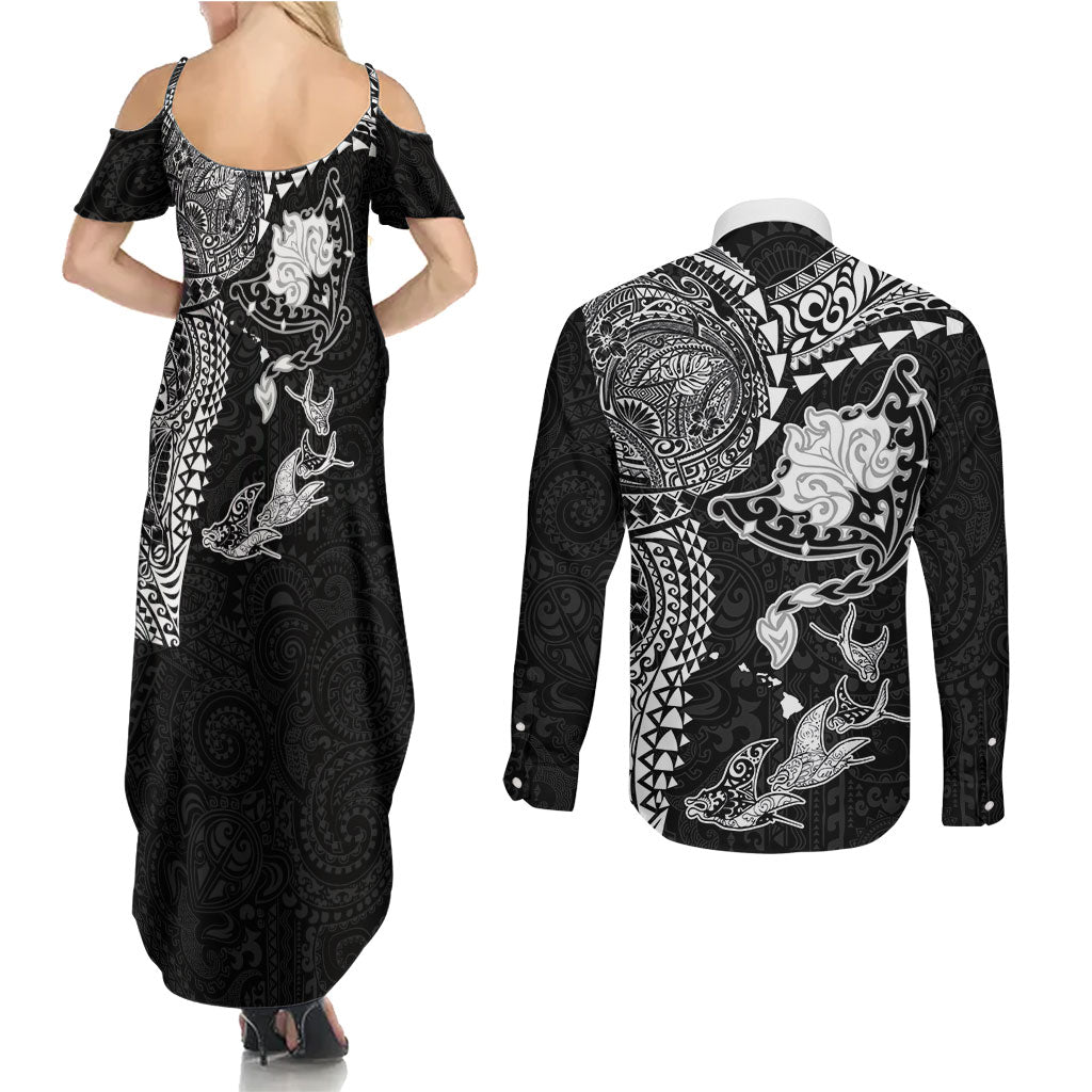 Hawaiian Manta Ray Tribal Couples Matching Summer Maxi Dress and Long Sleeve Button Shirt Polynesian Art Motifs Black Color LT03 - Polynesian Pride