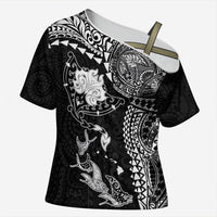 Hawaiian Manta Ray Tribal Cross Shoulder Shirt Polynesian Art Motifs Black Color LT03 Female Black - Polynesian Pride