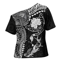 Hawaiian Manta Ray Tribal Cross Shoulder Shirt Polynesian Art Motifs Black Color LT03 - Polynesian Pride