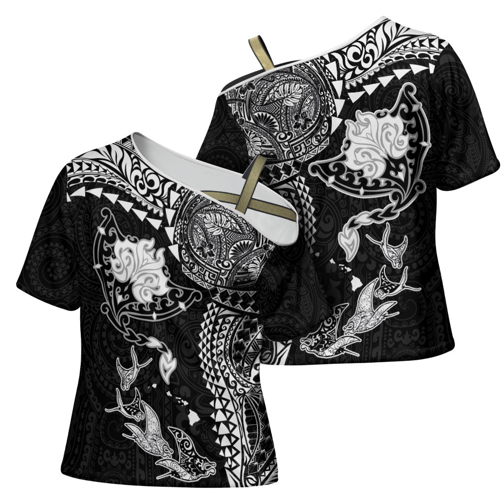 Hawaiian Manta Ray Tribal Cross Shoulder Shirt Polynesian Art Motifs Black Color LT03 - Polynesian Pride