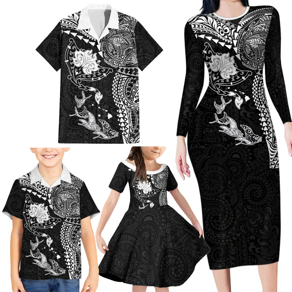 Hawaiian Manta Ray Tribal Family Matching Long Sleeve Bodycon Dress and Hawaiian Shirt Polynesian Art Motifs Black Color