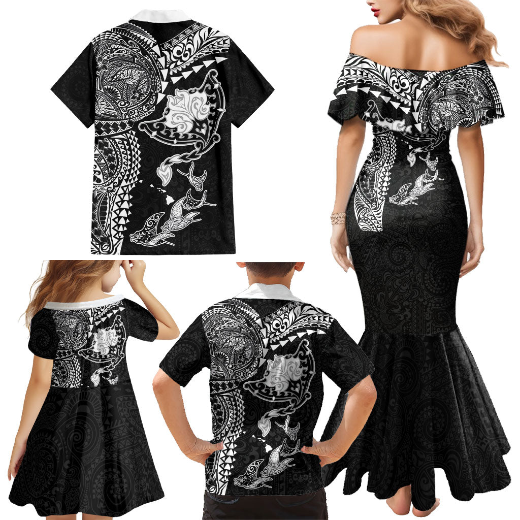 Hawaiian Manta Ray Tribal Family Matching Mermaid Dress and Hawaiian Shirt Polynesian Art Motifs Black Color LT03 - Polynesian Pride