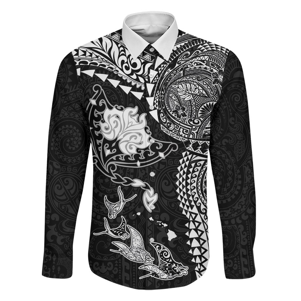 Hawaiian Manta Ray Tribal Family Matching Off Shoulder Maxi Dress and Hawaiian Shirt Polynesian Art Motifs Black Color LT03 Dad's Shirt - Long Sleeve Black - Polynesian Pride