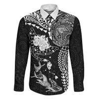 Hawaiian Manta Ray Tribal Family Matching Off Shoulder Short Dress and Hawaiian Shirt Polynesian Art Motifs Black Color LT03 Dad's Shirt - Long Sleeve Black - Polynesian Pride
