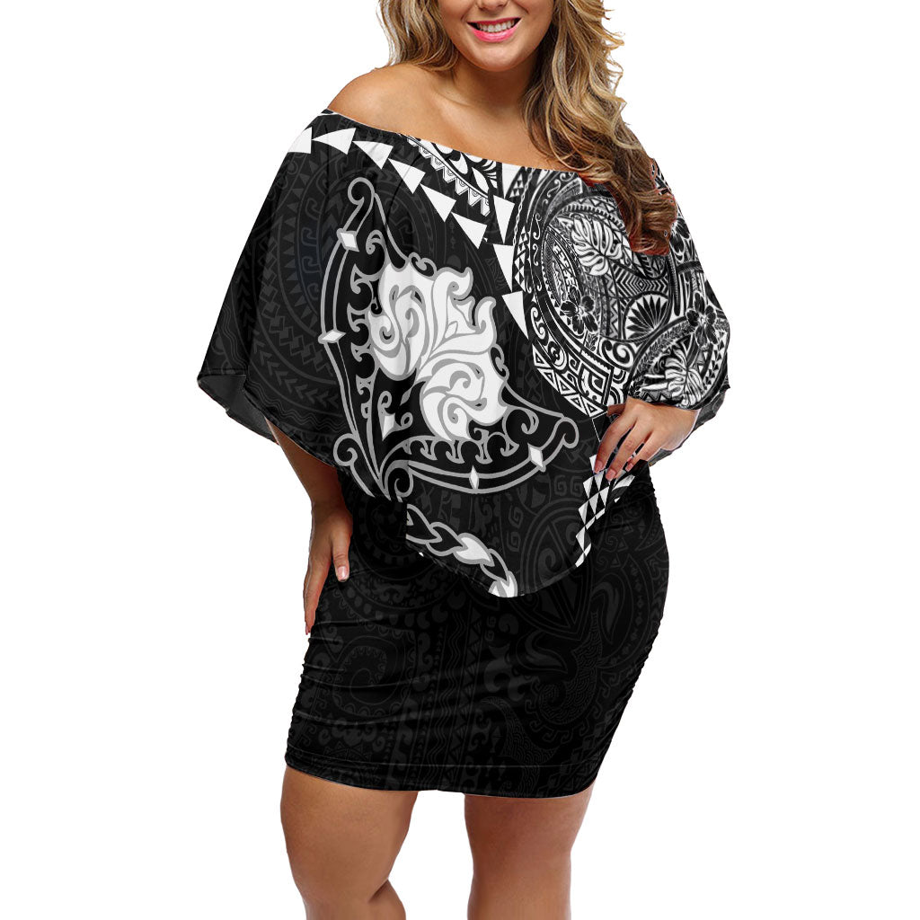 Hawaiian Manta Ray Tribal Family Matching Off Shoulder Short Dress and Hawaiian Shirt Polynesian Art Motifs Black Color LT03 Mom's Dress Black - Polynesian Pride