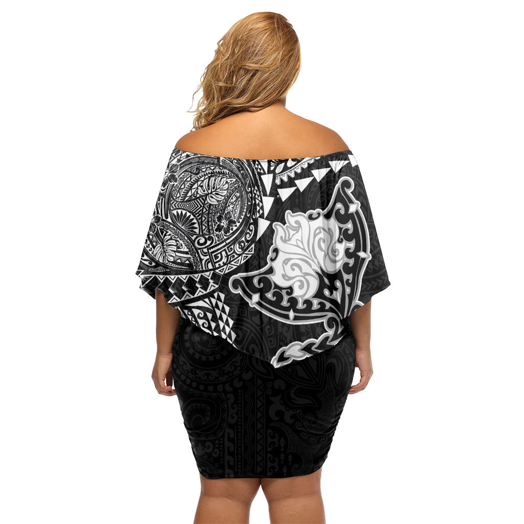 Hawaiian Manta Ray Tribal Family Matching Off Shoulder Short Dress and Hawaiian Shirt Polynesian Art Motifs Black Color LT03 - Polynesian Pride
