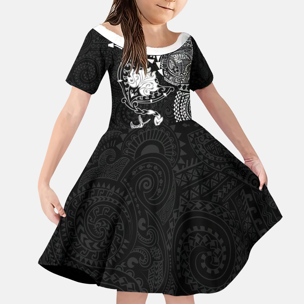 Hawaiian Manta Ray Tribal Family Matching Short Sleeve Bodycon Dress and Hawaiian Shirt Polynesian Art Motifs Black Color LT03 Daughter's Dress Black - Polynesian Pride