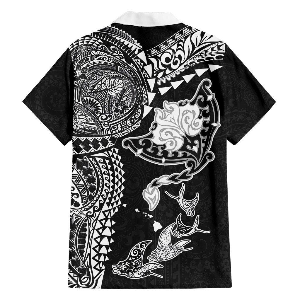 Hawaiian Manta Ray Tribal Family Matching Short Sleeve Bodycon Dress and Hawaiian Shirt Polynesian Art Motifs Black Color LT03 - Polynesian Pride