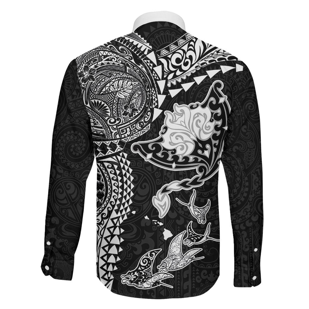 Hawaiian Manta Ray Tribal Family Matching Short Sleeve Bodycon Dress and Hawaiian Shirt Polynesian Art Motifs Black Color LT03 - Polynesian Pride