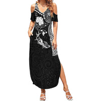 Hawaiian Manta Ray Tribal Family Matching Summer Maxi Dress and Hawaiian Shirt Polynesian Art Motifs Black Color LT03 Mom's Dress Black - Polynesian Pride