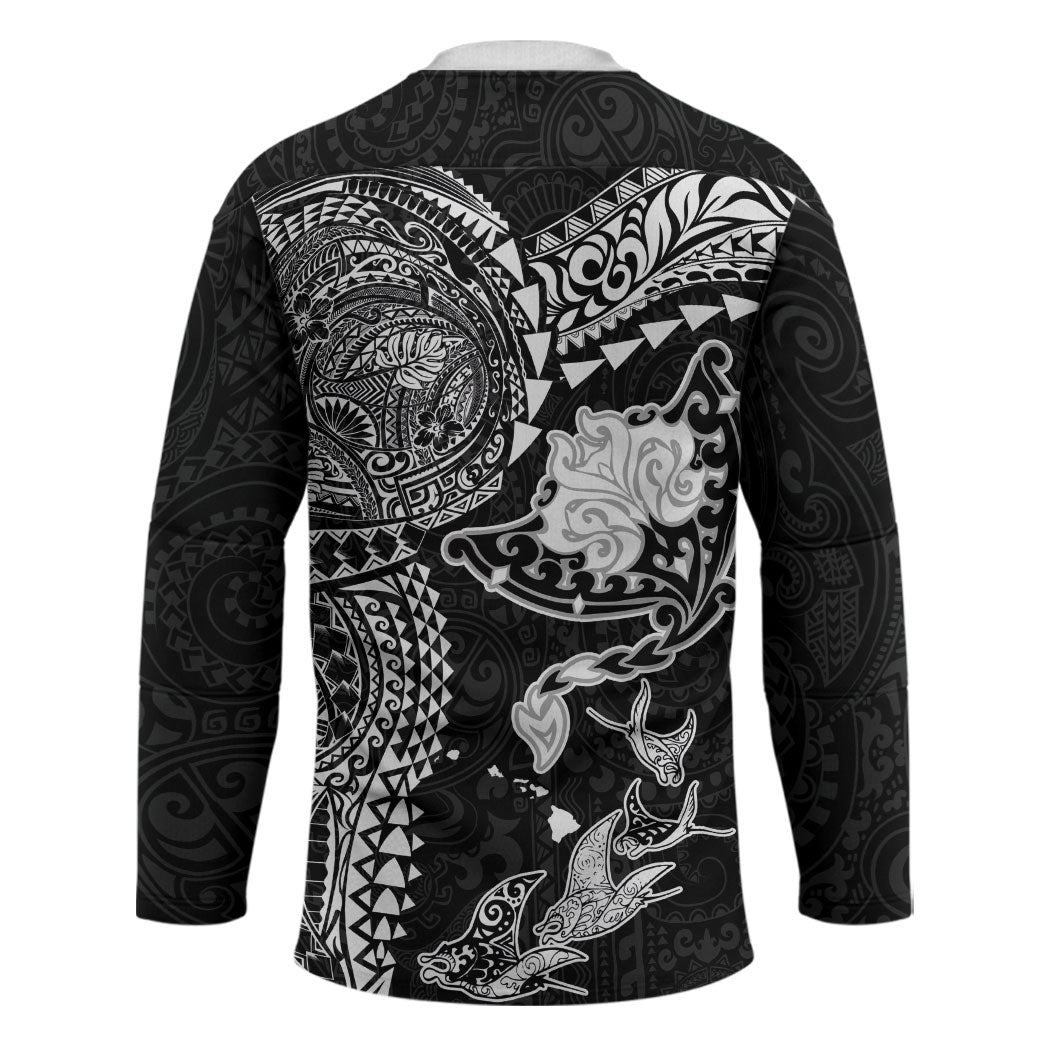 Hawaiian Manta Ray Tribal Hockey Jersey Polynesian Art Motifs Black Color LT03 - Polynesian Pride