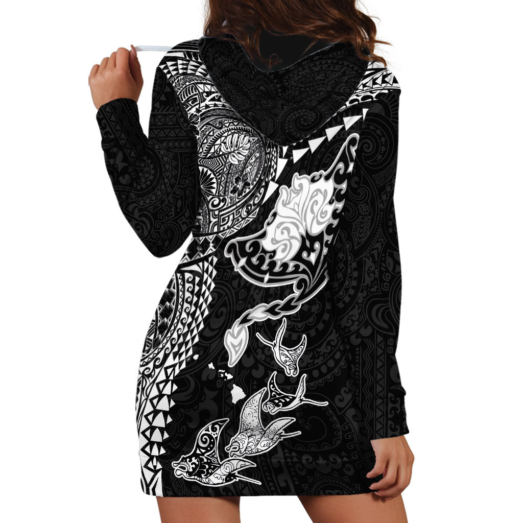 Hawaiian Manta Ray Tribal Hoodie Dress Polynesian Art Motifs Black Color LT03 - Polynesian Pride