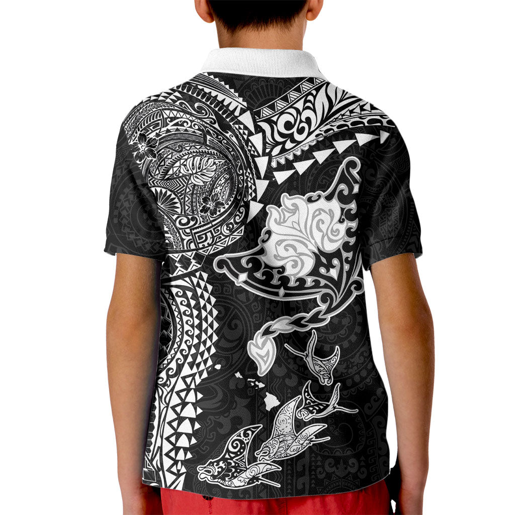 Hawaiian Manta Ray Tribal Kid Polo Shirt Polynesian Art Motifs Black Color LT03 - Polynesian Pride