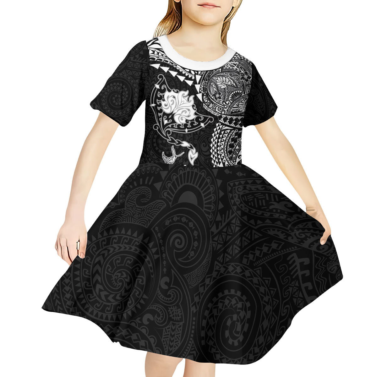 Hawaiian Manta Ray Tribal Kid Short Sleeve Dress Polynesian Art Motifs Black Color LT03 - Polynesian Pride