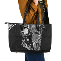 Hawaiian Manta Ray Tribal Leather Tote Bag Polynesian Art Motifs Black Color