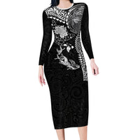 Hawaiian Manta Ray Tribal Long Sleeve Bodycon Dress Polynesian Art Motifs Black Color LT03 Long Dress Black - Polynesian Pride