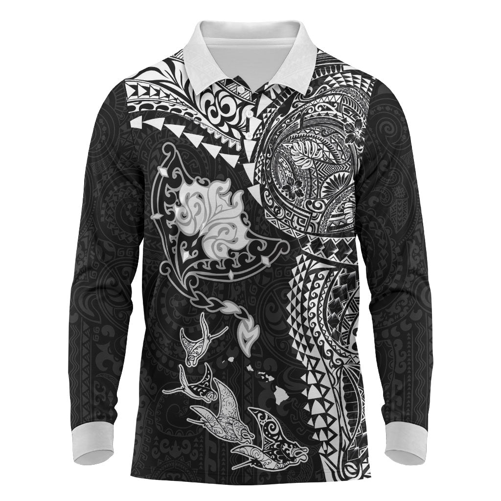 Hawaiian Manta Ray Tribal Long Sleeve Polo Shirt Polynesian Art Motifs Black Color LT03 Black - Polynesian Pride