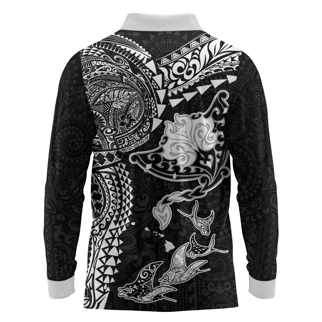 Hawaiian Manta Ray Tribal Long Sleeve Polo Shirt Polynesian Art Motifs Black Color LT03 - Polynesian Pride