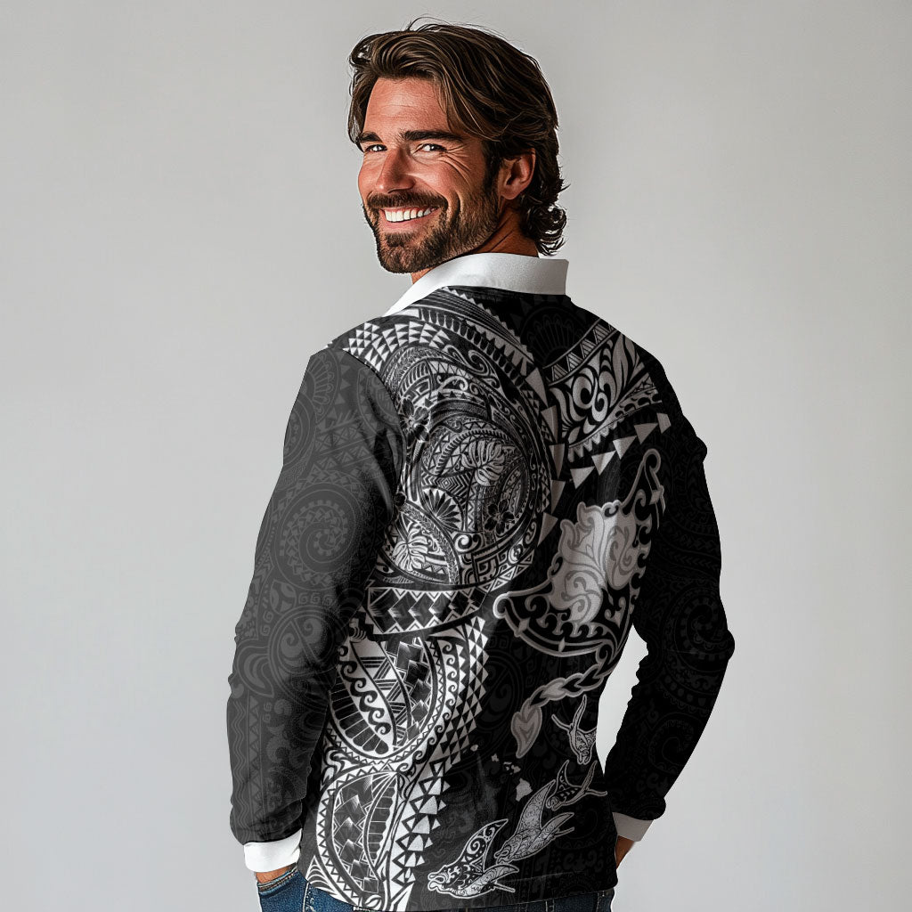 Hawaiian Manta Ray Tribal Long Sleeve Polo Shirt Polynesian Art Motifs Black Color LT03 - Polynesian Pride