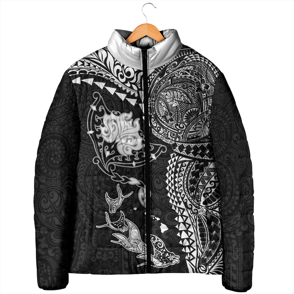 Hawaiian Manta Ray Tribal Padded Jacket Polynesian Art Motifs Black Color
