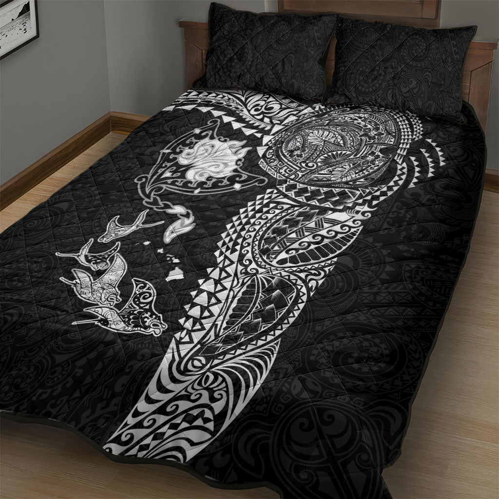 Hawaiian Manta Ray Tribal Quilt Bed Set Polynesian Art Motifs Black Color