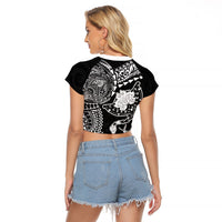 Hawaiian Manta Ray Tribal Raglan Cropped T Shirt Polynesian Art Motifs Black Color LT03 - Polynesian Pride