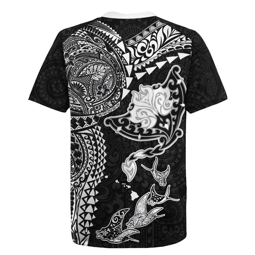 Hawaiian Manta Ray Tribal Rugby Jersey Polynesian Art Motifs Black Color