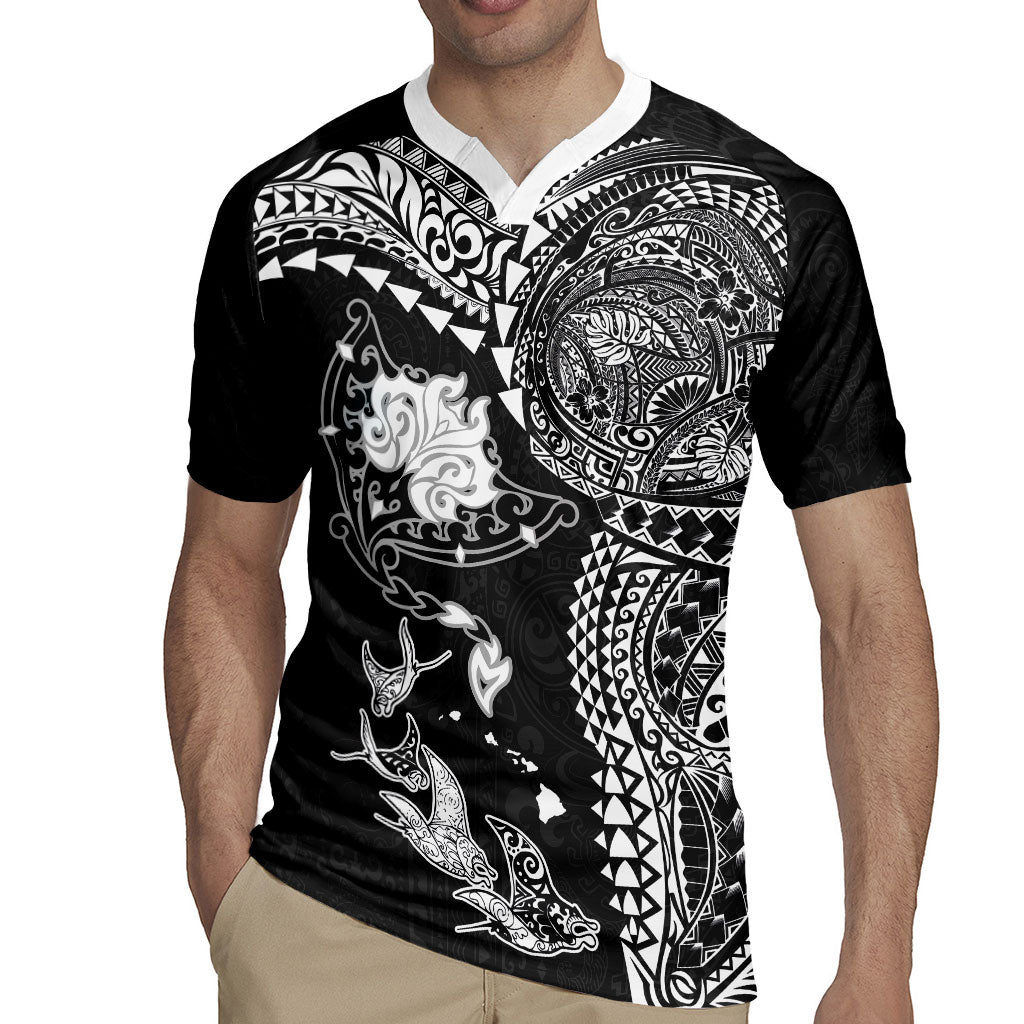 Hawaiian Manta Ray Tribal Rugby Jersey Polynesian Art Motifs Black Color
